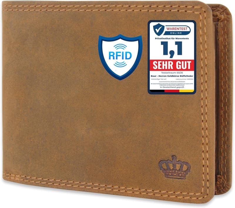 Echtes Büffelleder Geldbörse für Männer mit RFID-Schutz, braun, querformat