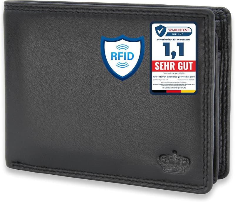 Echtes Leder Herren Geldbörse mit RFID-Schutz und Münzfach, Schwarz