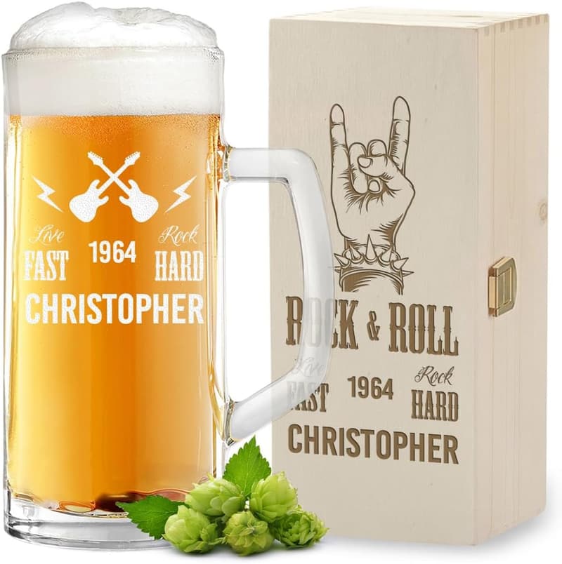 Bier Geschenk-Set mit graviertem 0,5L Bierseidel in Holzkiste für Männergeburtstag
