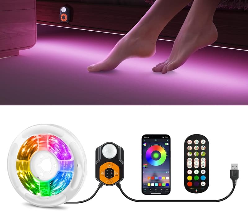 LED Streifen mit Bewegungsmelder, RGB 3m, App-Steuerung für Bett und Schrank