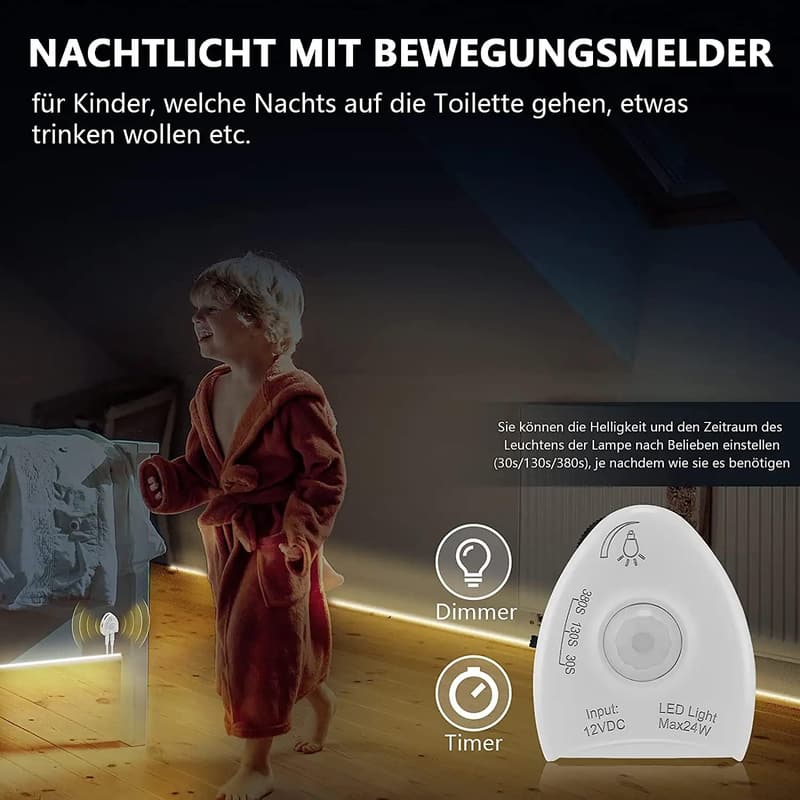 Bewegungsmelder LED Nachtlicht für Babybett, dimmbar, 2m (2er Set)