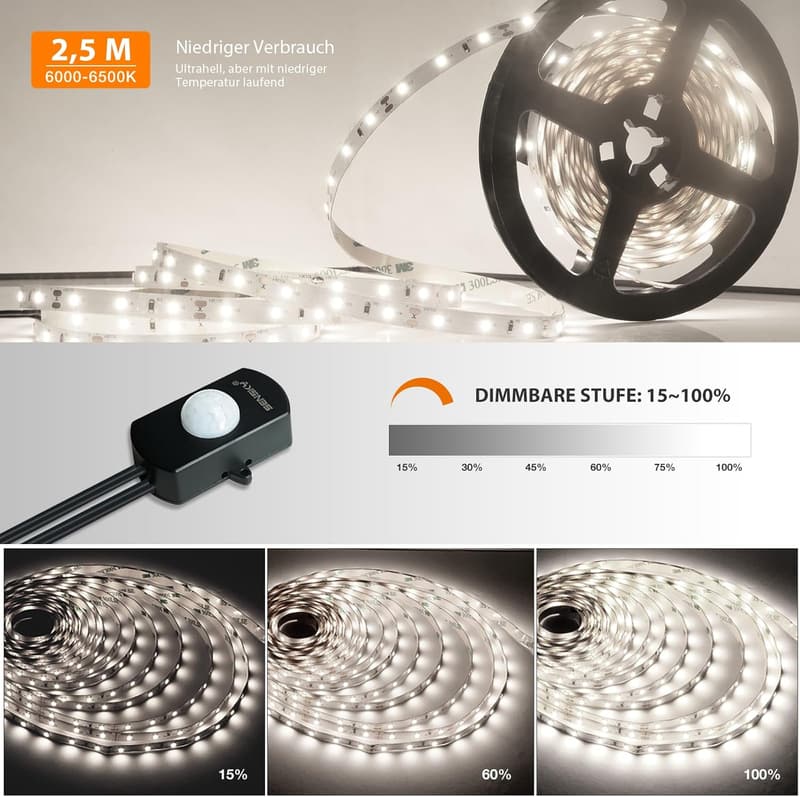 Dimmbares 2,5M LED Streifenlicht mit PIR Sensor für Indoor-Nutzung