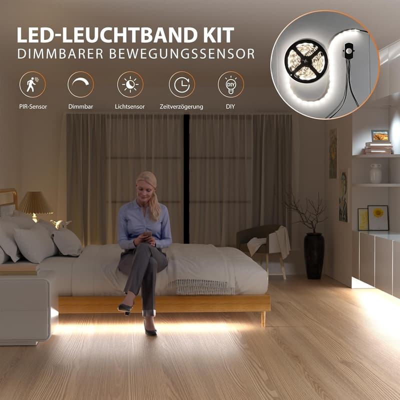 Dimmbares 2,5M LED Streifenlicht mit PIR Sensor für Indoor-Nutzung