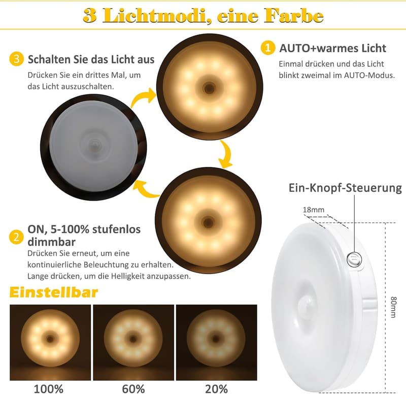 Akynite Dimmbares 0.5W LED Nachtlicht mit Bewegungsmelder, warmweiß, 3er Set