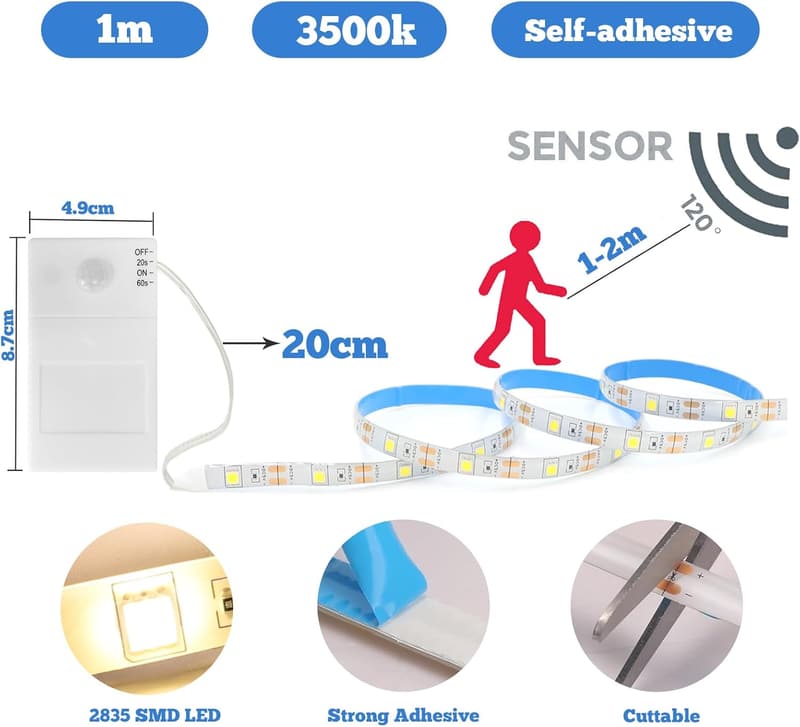 LED Strip mit Bewegungsmelder 1m, 3500K Warmweiß für Zuhause