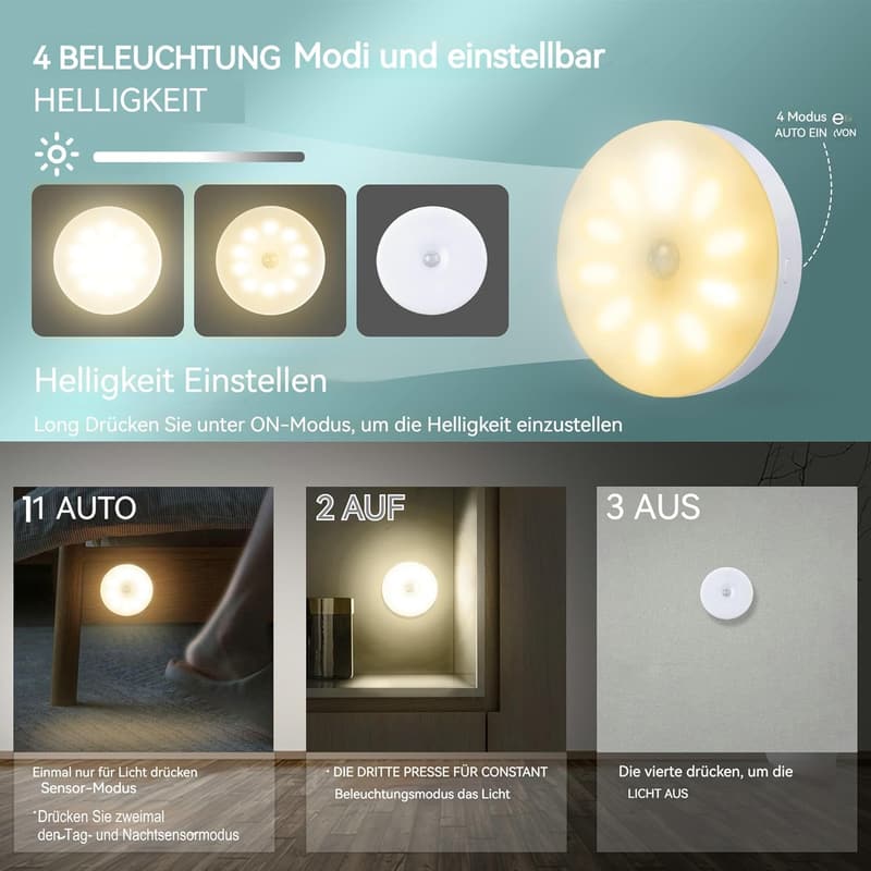 Dimmbares Nachtlicht mit Bewegungsmelder – 10 LED USB Aufladbar, 6 Stück