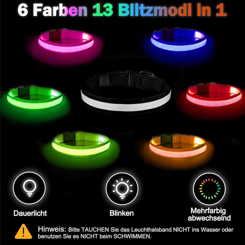 Leuchthalsband für Hunde - USB aufladbar, 6 Farbwechsel, verstellbar