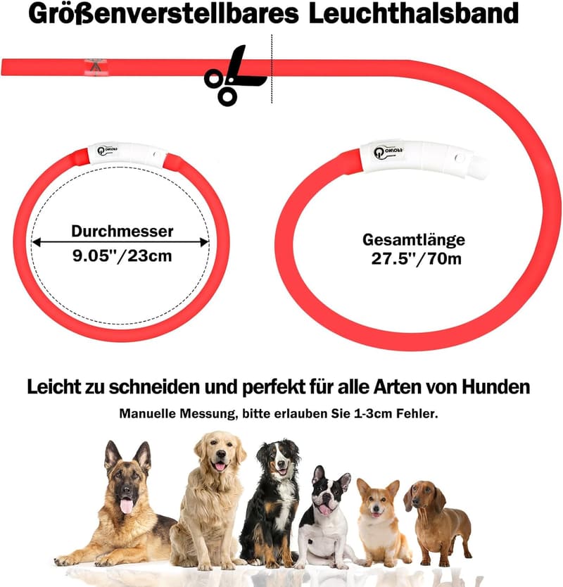 Leuchtendes Hundehalsband, wasserdicht, USB aufladbar, rot