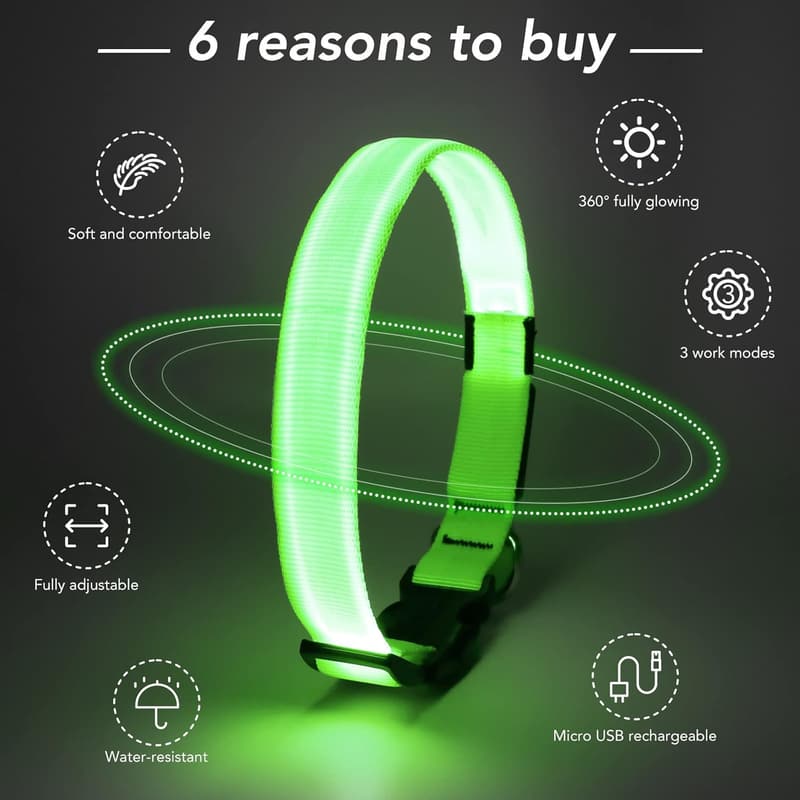 Wiederaufladbares LED-Hundehalsband, wasserdicht, verstellbar für mittlere Hunde (Grün, M)