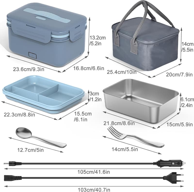 Elektrische Lunchbox 3-in-1 für Erwachsene, 1,8 L, auslaufsicher, inkl. Besteck