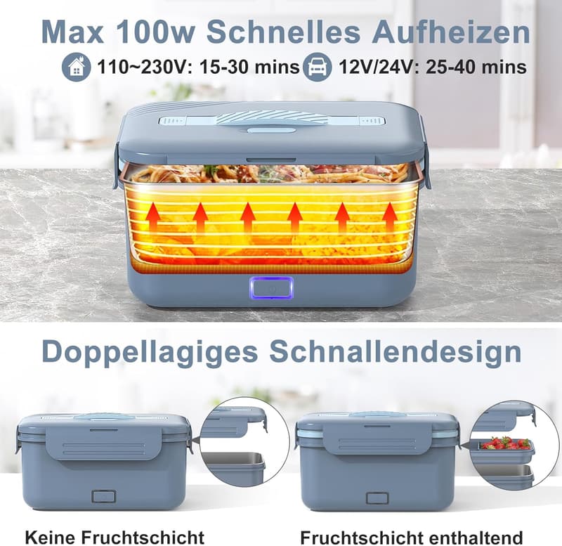 Elektrische Lunchbox 3-in-1 für Erwachsene, 1,8 L, auslaufsicher, inkl. Besteck