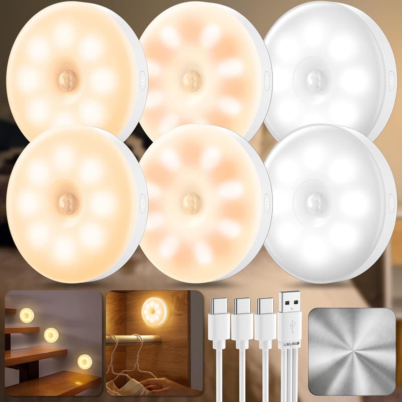 6er Set USB wiederaufladbare LED Nachtlichter mit Bewegungsmelder