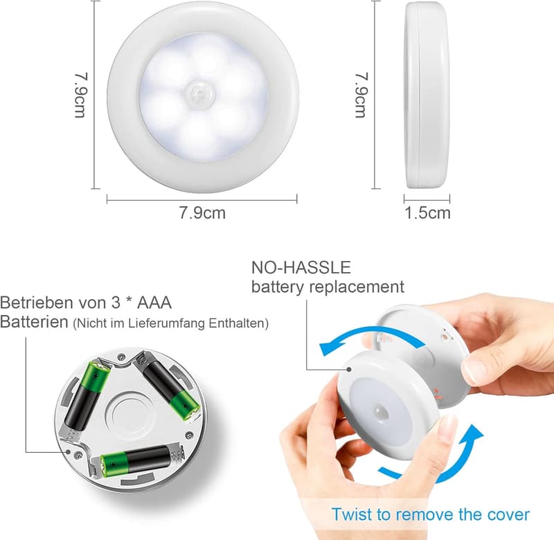 LED Nachtlicht mit Bewegungsmelder - Batteriebetrieben, 6er Set, magnetisch, für Flur und Schlafzimmer