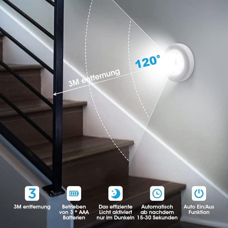 LED Nachtlicht mit Bewegungsmelder - Batteriebetrieben, 6er Set, magnetisch, für Flur und Schlafzimmer