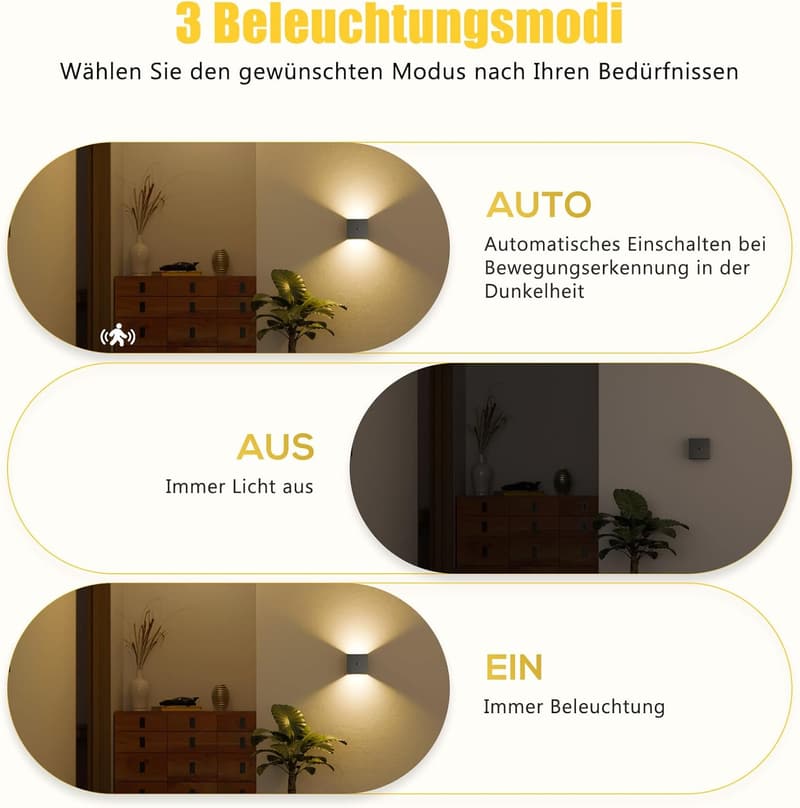 Akku Wandleuchte mit Bewegungsmelder – Kabellose LED 3000K für Innenräume