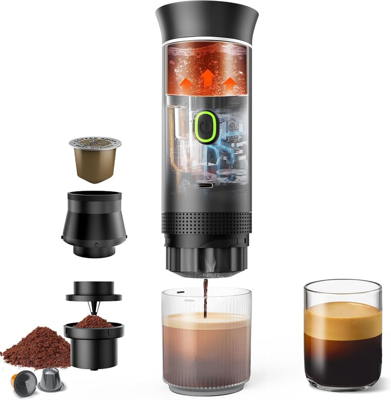 Tragbare 3-in-1 Kaffeemaschine für Reisen mit Akku, kompatibel mit Nespresso-Kapseln