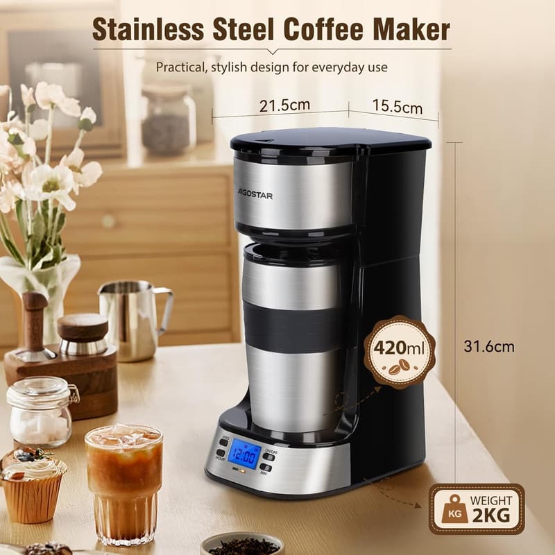 Aigostar Coffey - Tragbare 420 ml Kaffeemaschine mit 24h-Timer