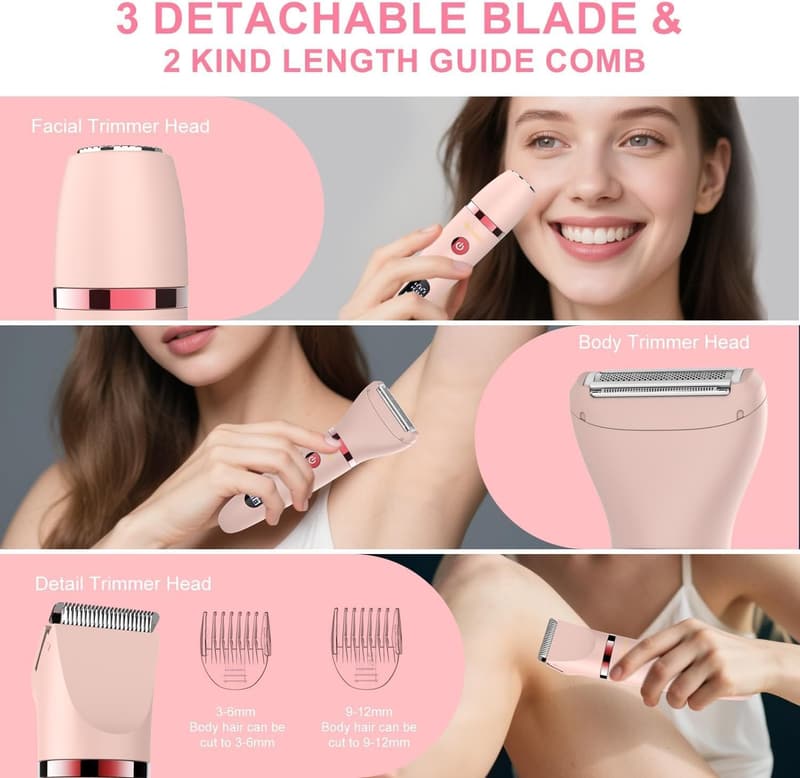 3-in-1 Damenrasierer für Gesicht, Körper & Bikinizone - Wasserdicht, Rosa