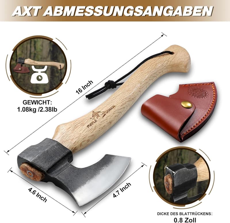 Handgeschmiedete Spaltaxt für Männer – 40 cm, mit Scheide und Holzgriff