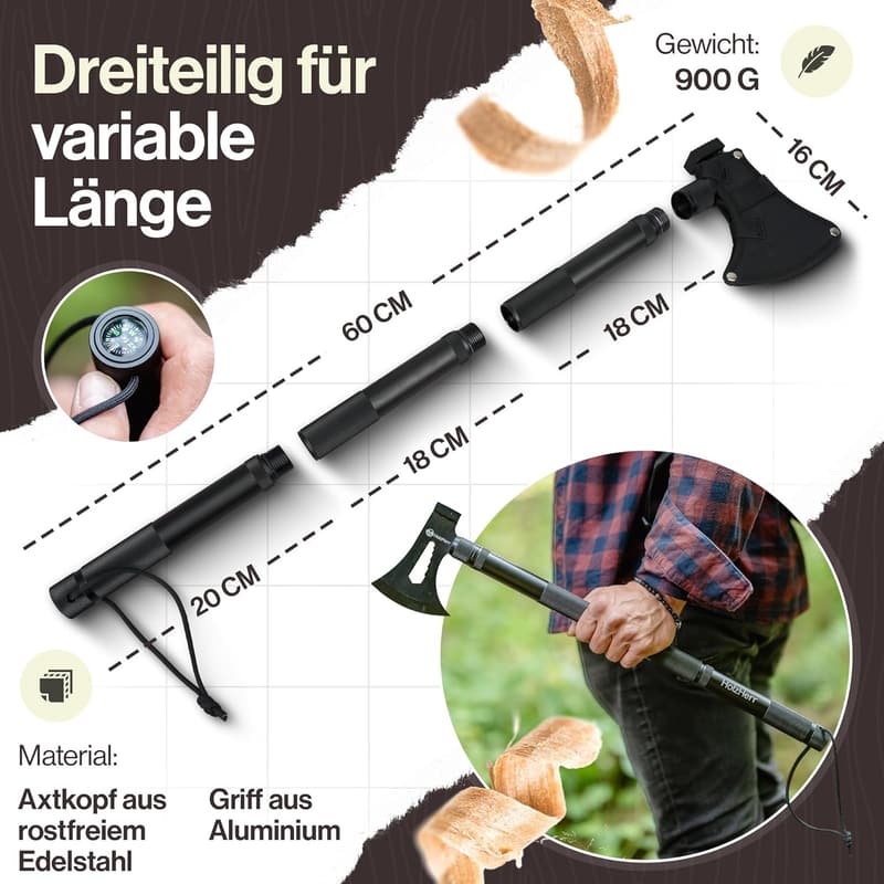 Verlängerbare Holzspaltaxt für Garten und Outdoor mit Edelstahl-Kopf 60 cm