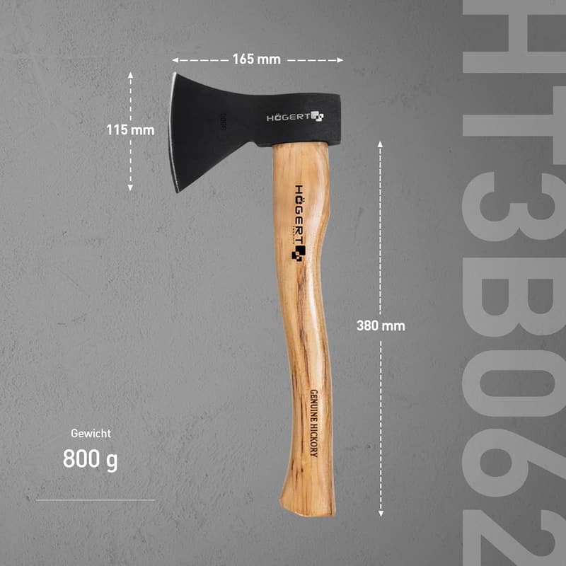 Mehrzweck-Axt 800g mit ergonomischem Hickory-Griff, gehärtetes Axtblatt