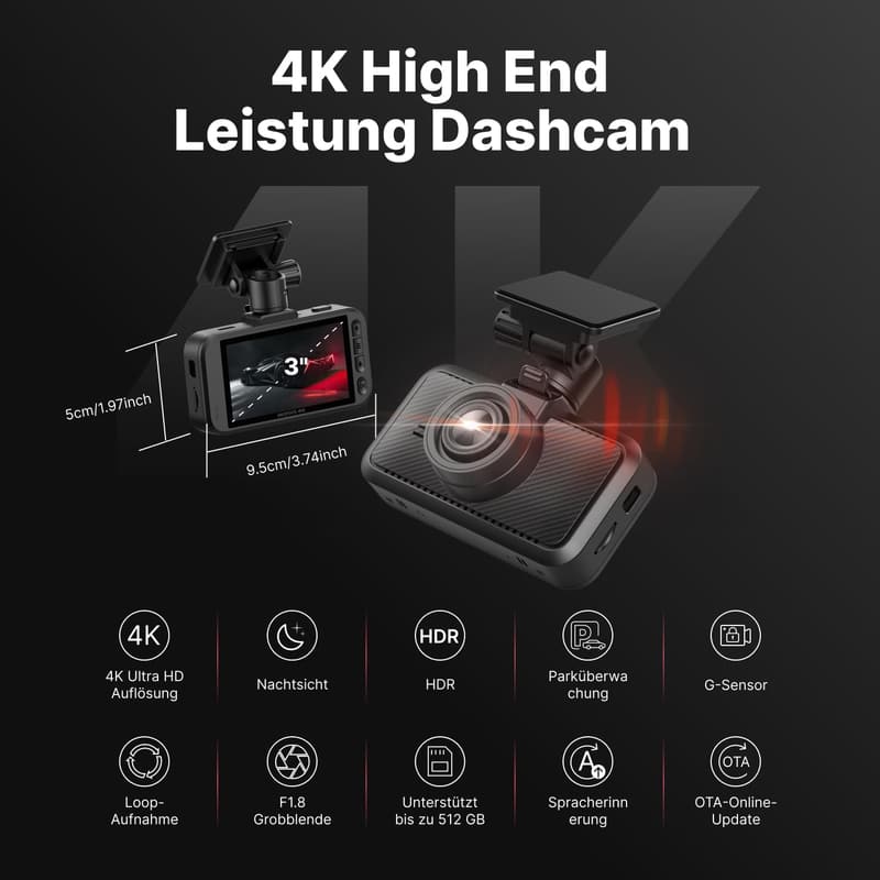 Miofive 4K Dashcam mit GPS und Nachtsicht, 3-Zoll-Display
