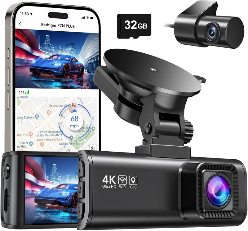 Dashcam für Auto 4K/2,5K mit GPS und Nachtsicht, 32 GB Karte