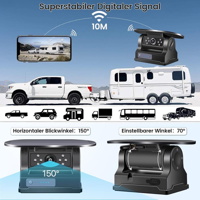 Drahtlose FHD 1080P Solar Rückfahrkamera mit Nachtsicht für Autos