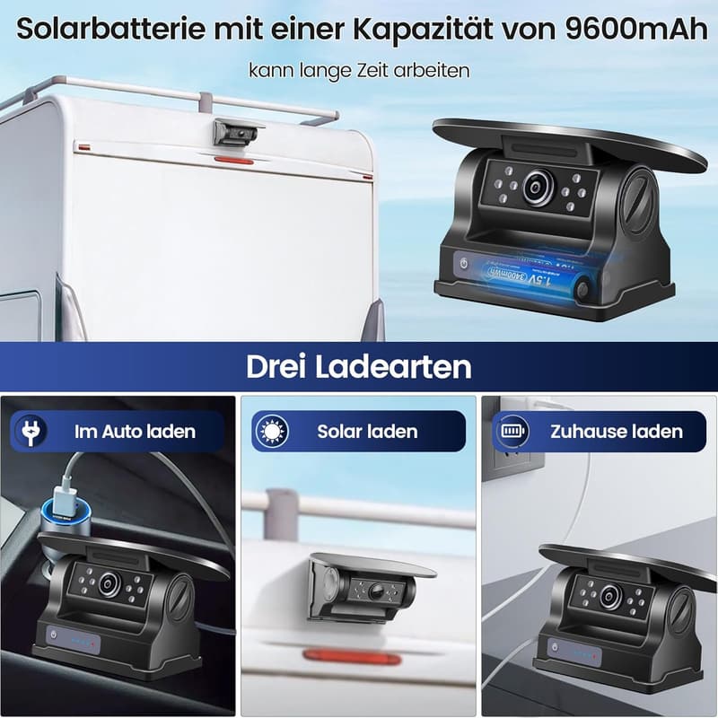 Drahtlose FHD 1080P Solar Rückfahrkamera mit Nachtsicht für Autos