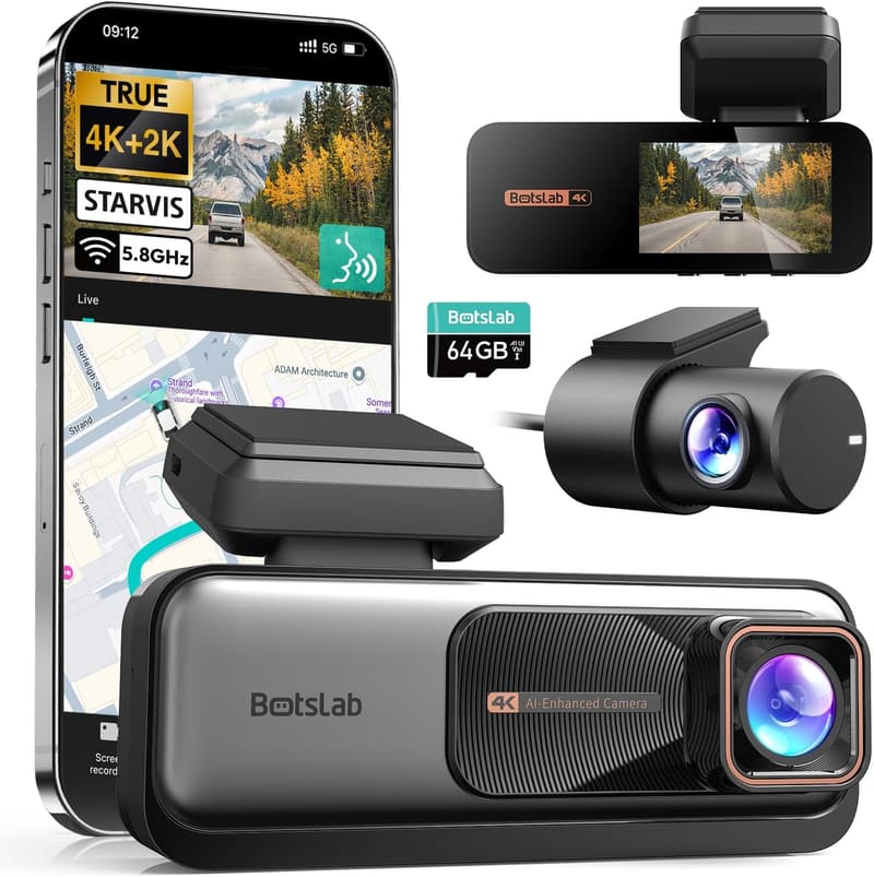 4K Dashcam mit Nachtsicht & GPS, vorne-hinten, WiFi, 64GB Karte