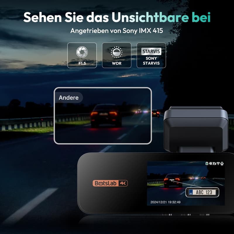 4K Dashcam mit Nachtsicht & GPS, vorne-hinten, WiFi, 64GB Karte