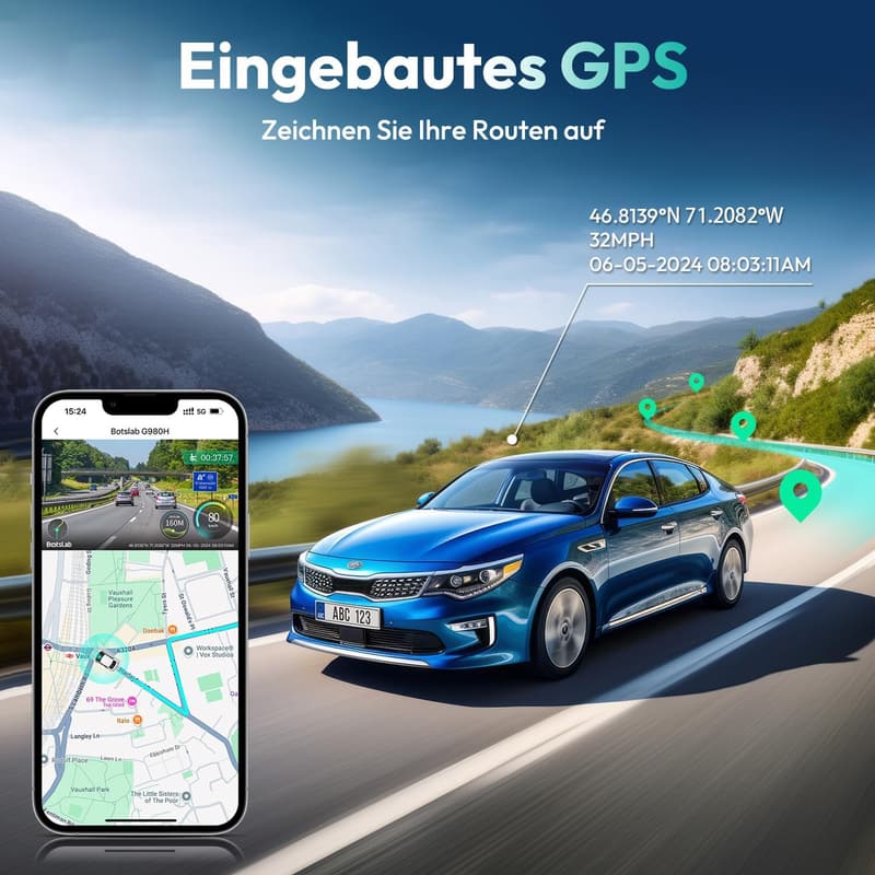 4K Dashcam mit Nachtsicht & GPS, vorne-hinten, WiFi, 64GB Karte