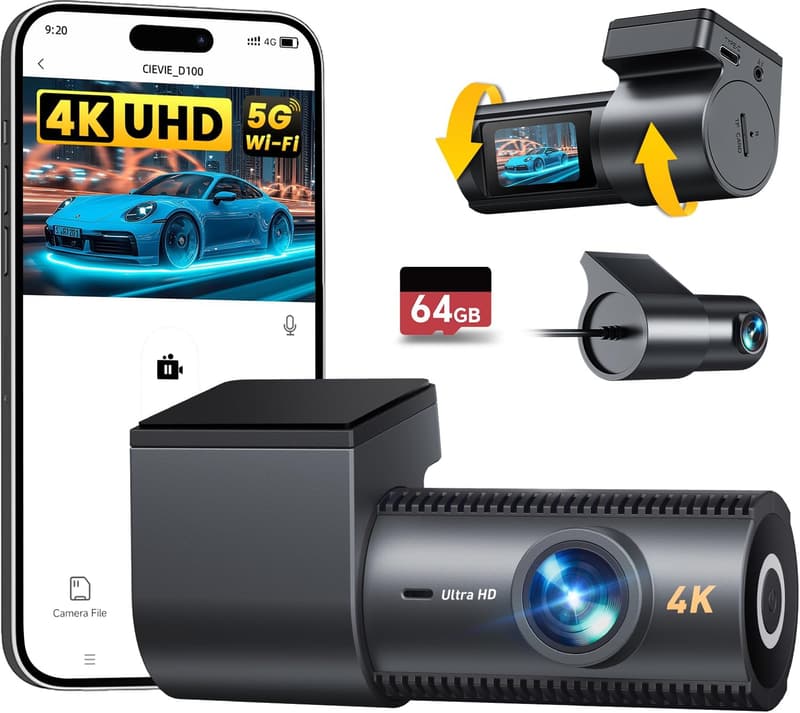 Dashcam mit 4K+1080P, 64GB SD-Karte, 170° Weitwinkel, WDR Nachtsicht