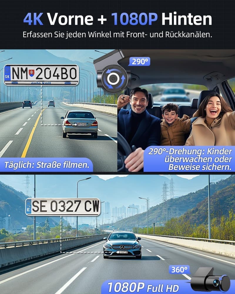 Dashcam mit 4K+1080P, 64GB SD-Karte, 170° Weitwinkel, WDR Nachtsicht