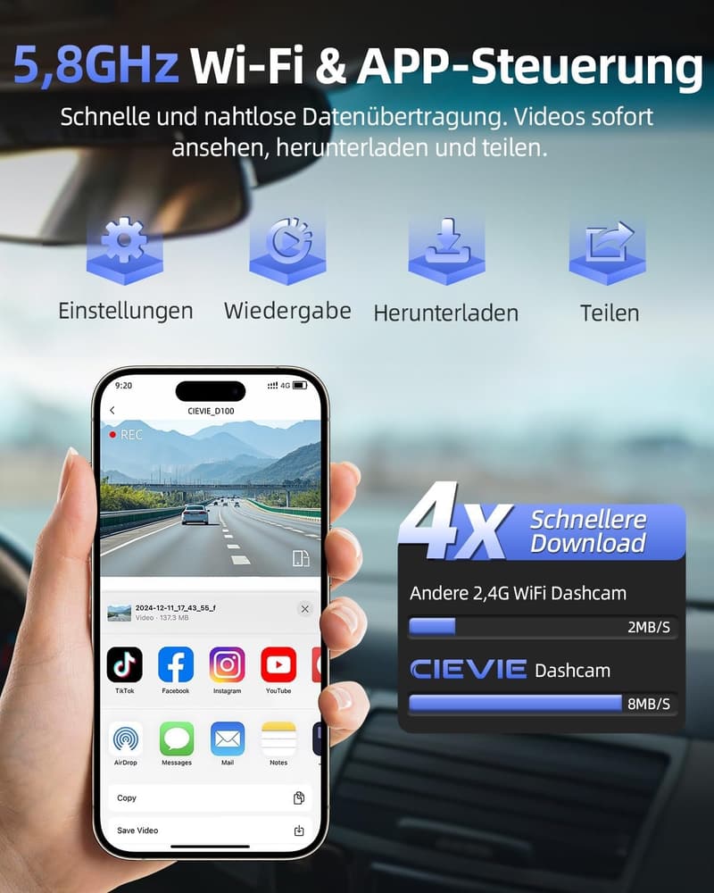 Dashcam mit 4K+1080P, 64GB SD-Karte, 170° Weitwinkel, WDR Nachtsicht