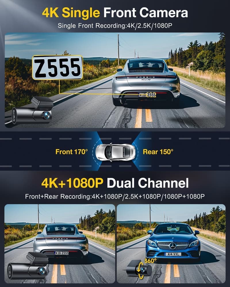 GKU 4K Dual Dashcam mit 64GB, GPS und Nachtsicht