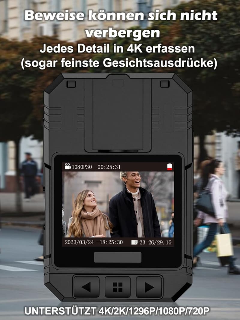 Bodycam 4K für Polizei und Sicherheitsdienste, 64GB, mit SOS-Alarm und Taschenlampe