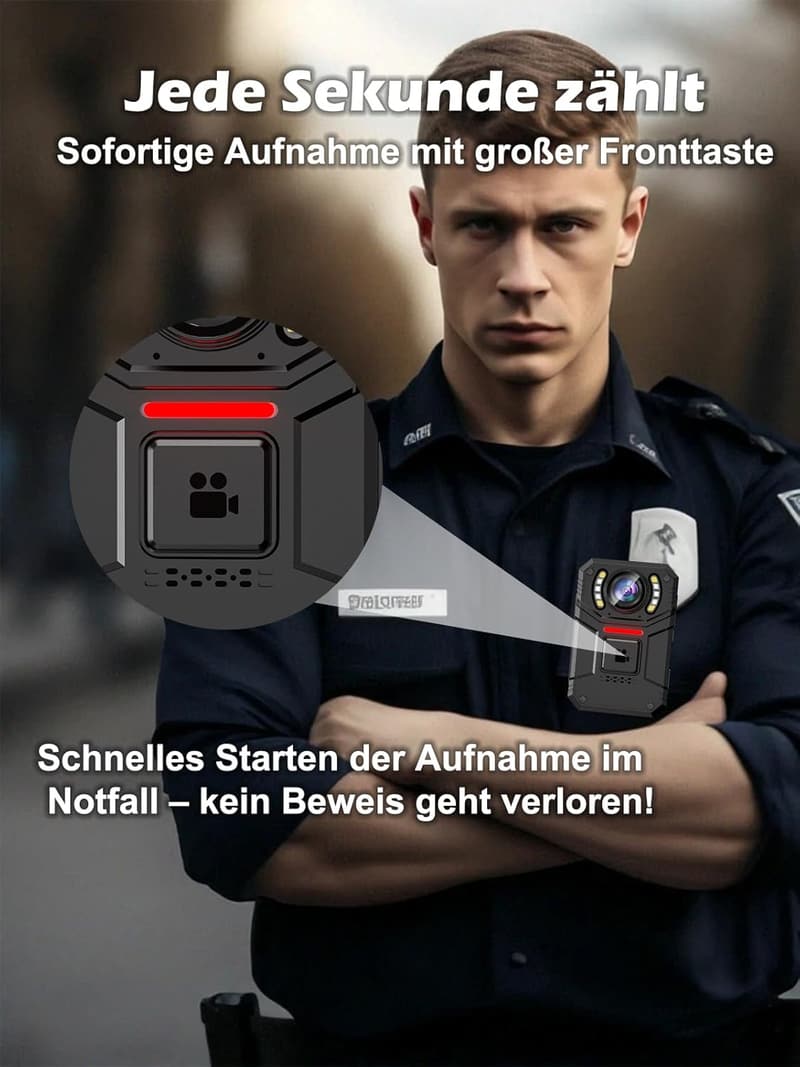 Bodycam 4K für Polizei und Sicherheitsdienste, 64GB, mit SOS-Alarm und Taschenlampe