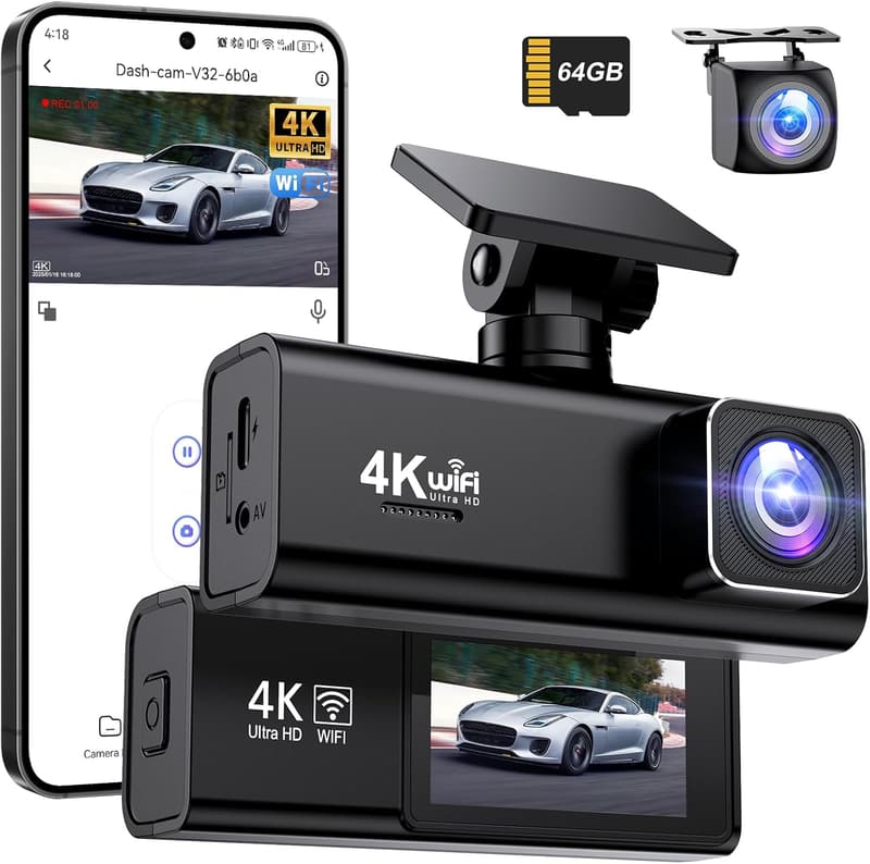 Topabol Dashcam 4K für Autos vorne-hinten mit Nachtsicht und WiFi
