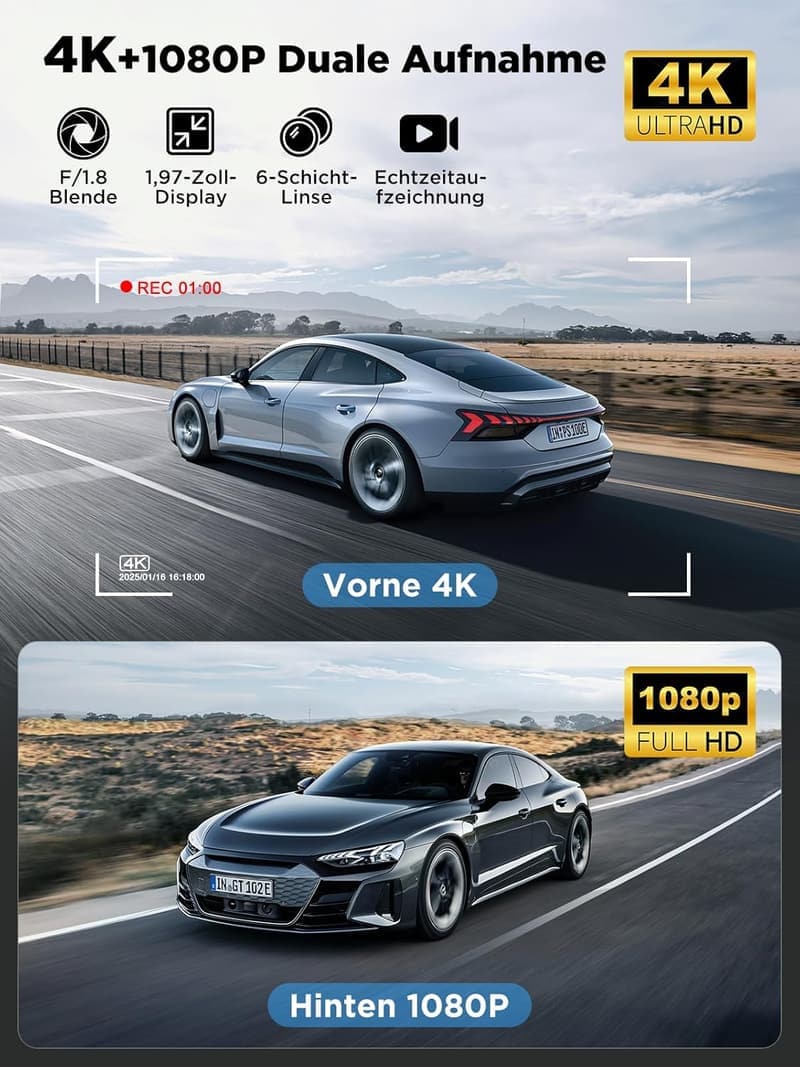 Topabol Dashcam 4K für Autos vorne-hinten mit Nachtsicht und WiFi