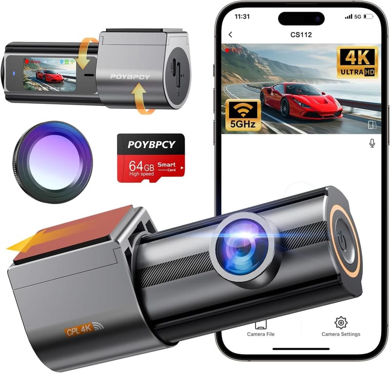 4K Dashcam mit 360° Drehfunktion und 64GB SD Karte für Autos