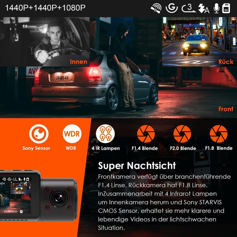 VANTRUE N4 4K Dashcam mit 3 Linsen, Bewegungsüberwachung und Nachtsicht