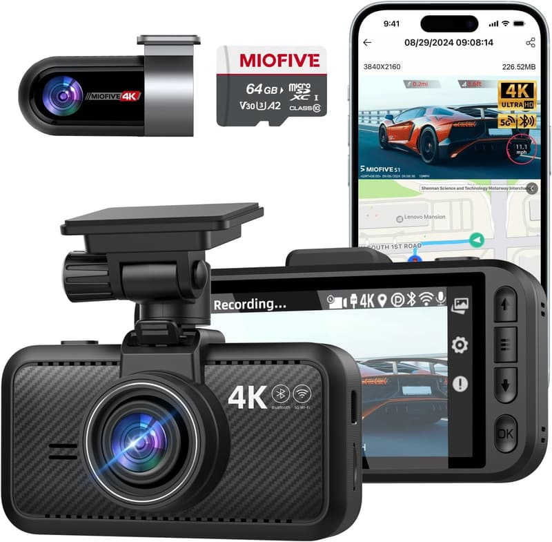 Miofive 4K Dashcam für Autos mit Nachtsicht und GPS, 64 GB Karte