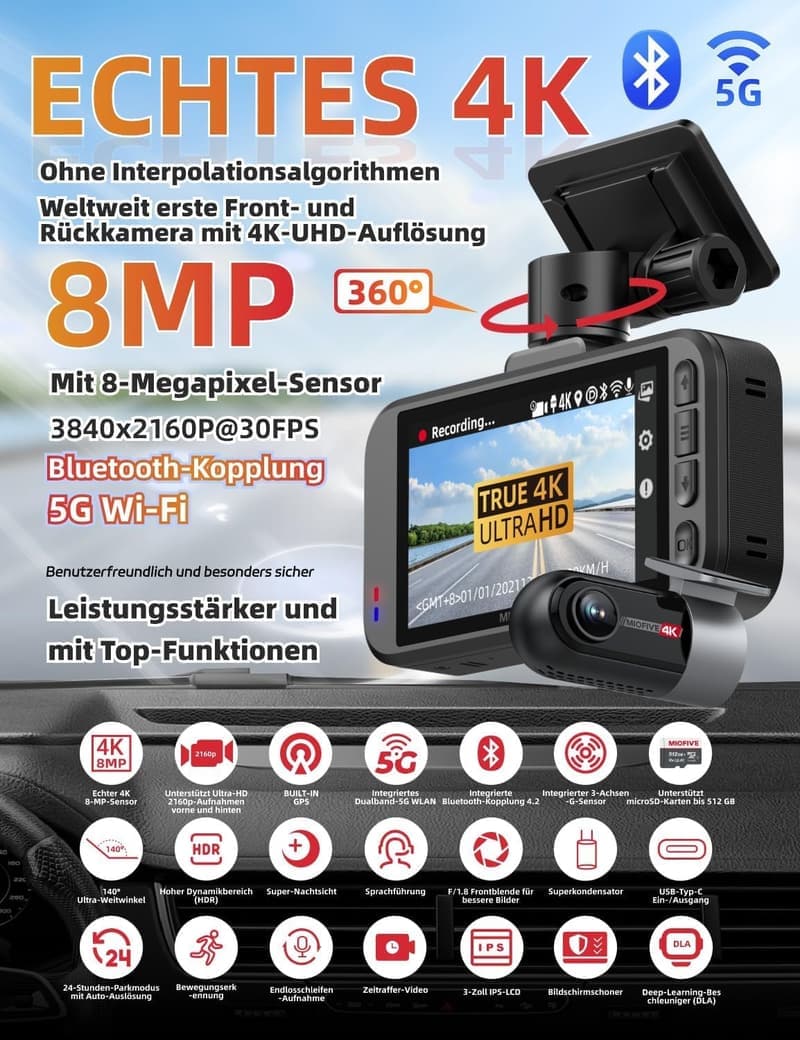 Miofive 4K Dashcam für Autos mit Nachtsicht und GPS, 64 GB Karte