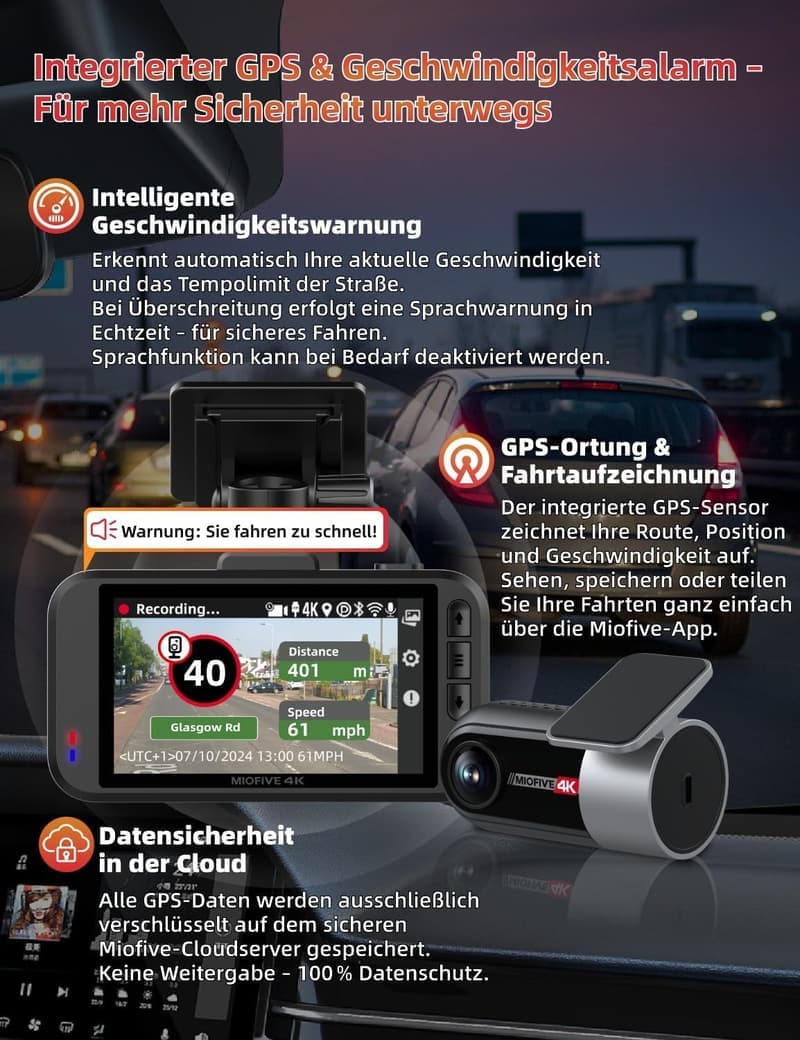 Miofive 4K Dashcam für Autos mit Nachtsicht und GPS, 64 GB Karte