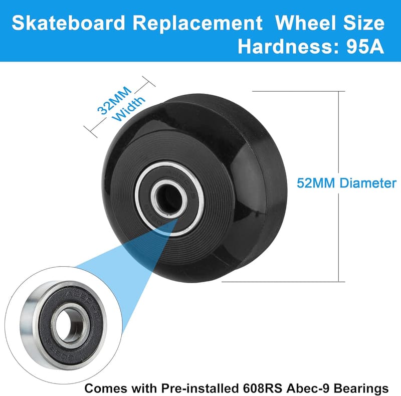 Skateboard Rollen 52mm 95A mit ABEC-9 Lagern – 4er Set für Tricks und Cruiser