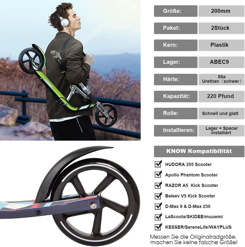200mm Scooter Rollen mit ABEC9 Kugellager - Ersatzräder für Cityroller