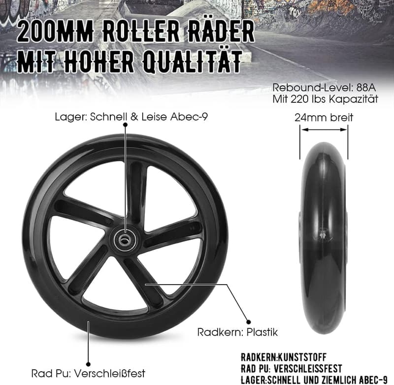 200mm Scooter Rollen mit ABEC9 Kugellager - Ersatzräder für Cityroller