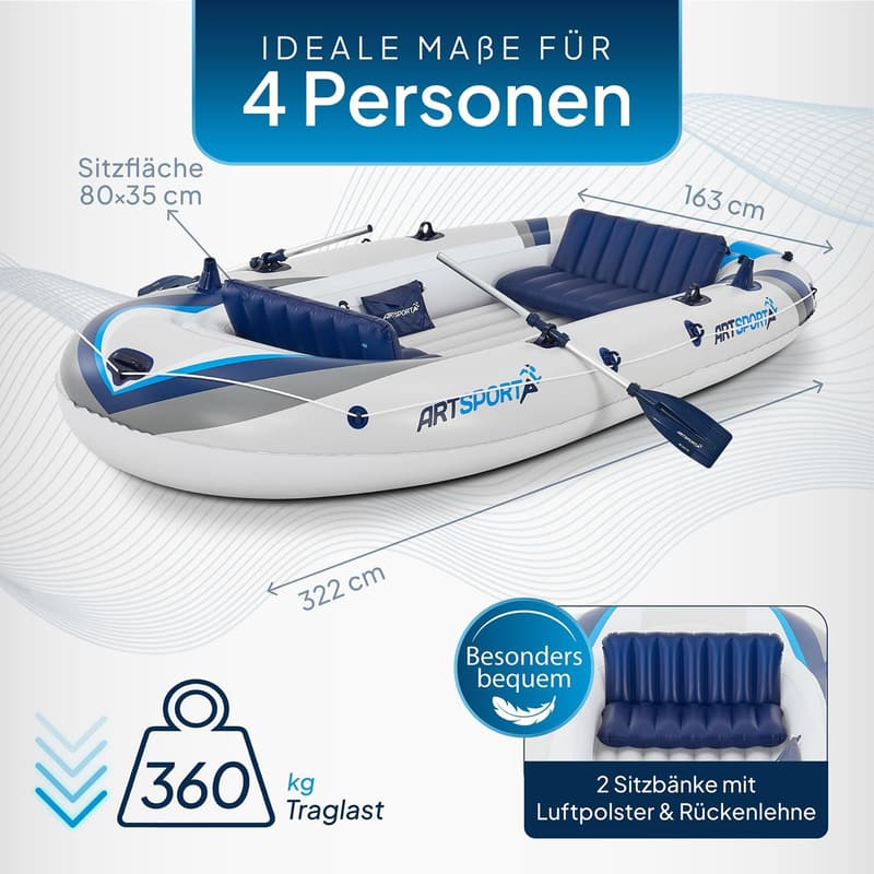 ArtSport Schlauchboot 322 cm für 4 Personen – aufblasbar mit Paddeln & Luftpumpe