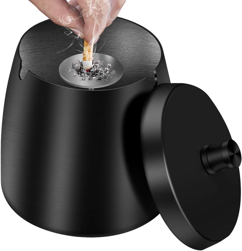 Edelstahl-Aschenbecher mit Deckel für außen und innen - schwarz